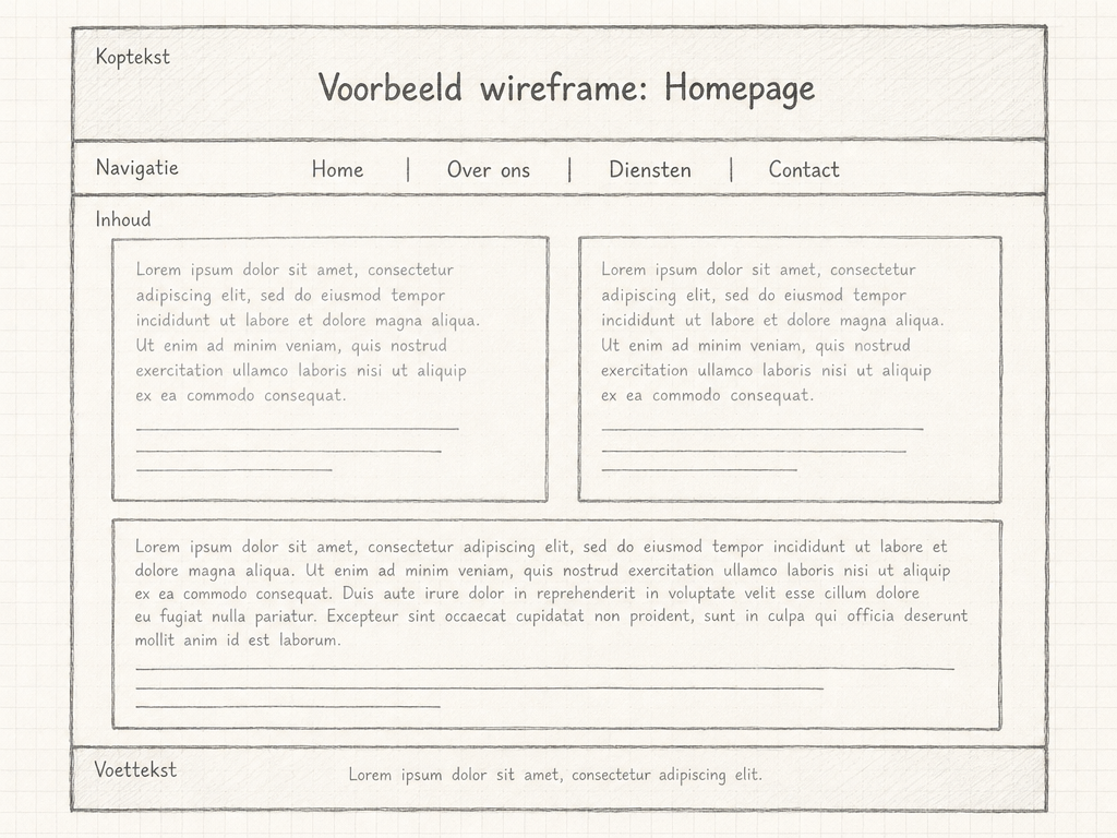 Een fictief voorbeeld van een wireframe voor een website-ontwerp, met Nederlandse labels voor koptekst, inhoud, voettekst en navigatie. Toont de layout zonder functionele elementen om het ontwerpstadium te verduidelijken.
