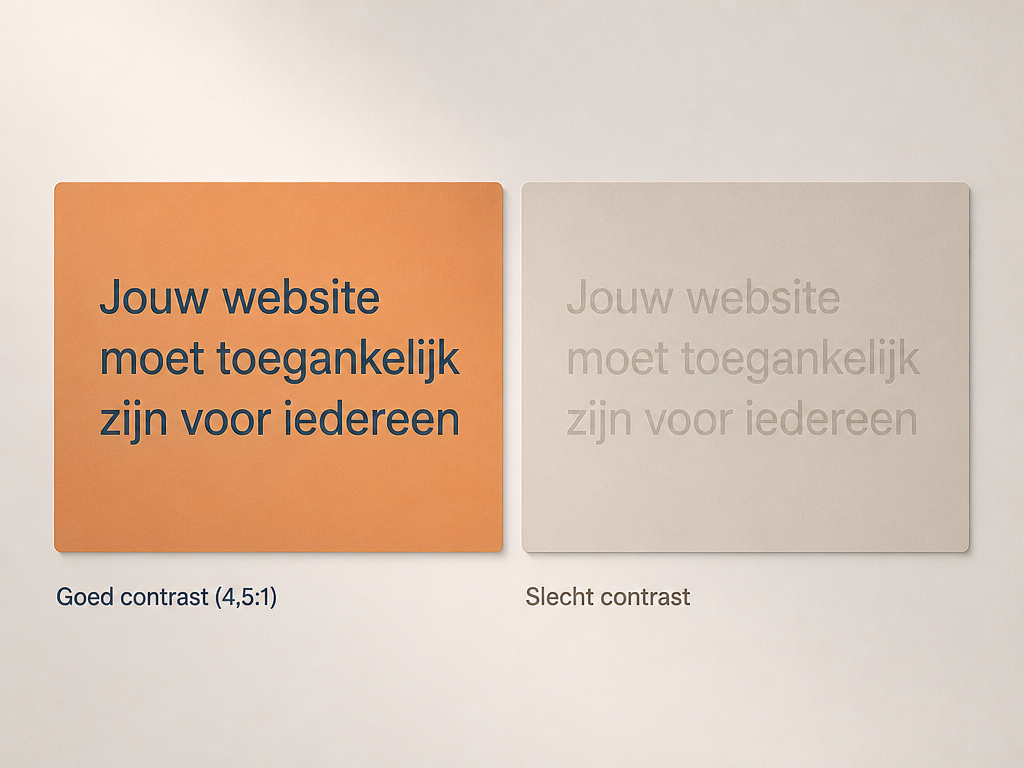Twee voorbeelden van tekstcontrast: links voldoet aan WCAG 4,5:1, rechts is te laag voor leesbaarheid.